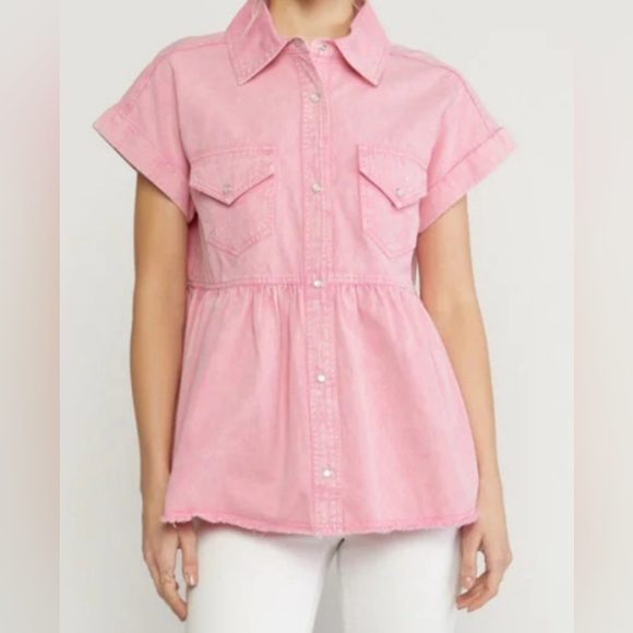 Entro Pink Denim Button Down Top Peplum Small - Picture 1 of 7